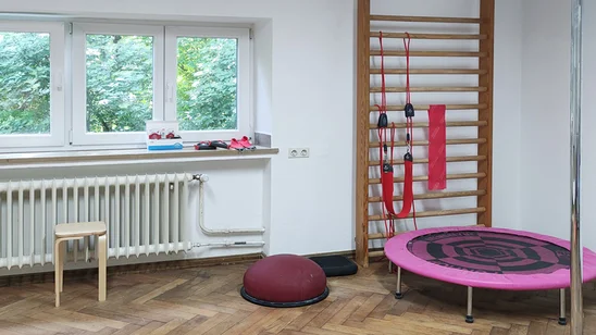 Trainingsraum mit Sprossenwand, Schlingentrainer, Balancekissen und Trampolin