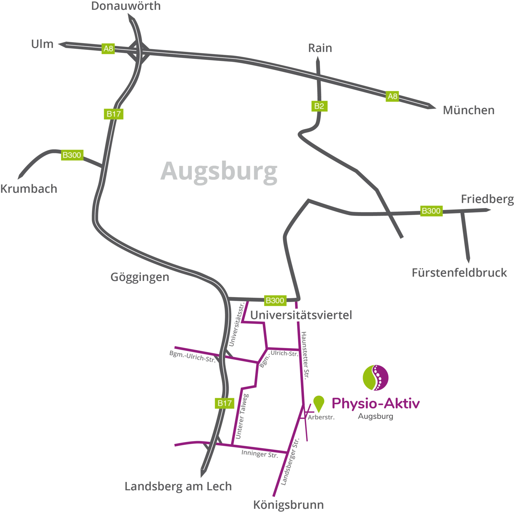 Lageplan zur Praxis in der Arberstraße 7 in Augsburg-Haunstetten